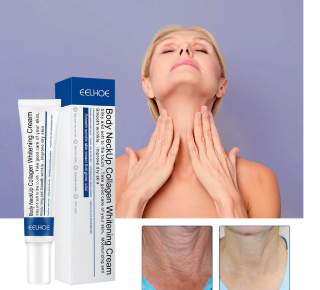 Eelhoe Body NeckUp Collagen Whitening Cream with packaging and before/after effects on a purple background