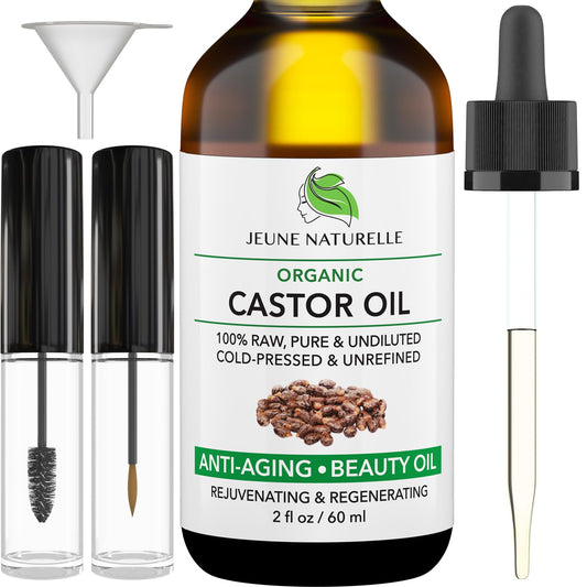 Jeune Naturelle Castor Oil Organic Cold Pressed Unrefined - 100% Pure Raw Virgin Undiluted for Hair Growth for Face Eyelashes Eyebrows Hexane Free Organic Castor Oil for Hair 2 oz