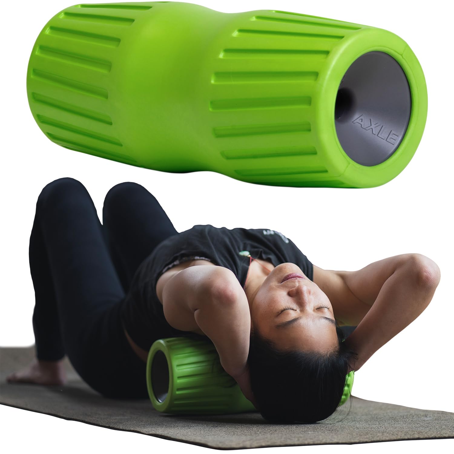 Person using a green foam roller on a mat with another green foam roller above.