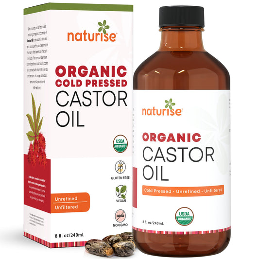 Organic Castor Oil - Organic Cold Pressed Unrefined in Glass Bottle - Vegan Non GMO Unfiltered Castor Oil Cold Pressed - Support for Eyelash Eyebrows Hair Growth Skin and Face (8 Fl Oz (Pack of 1))