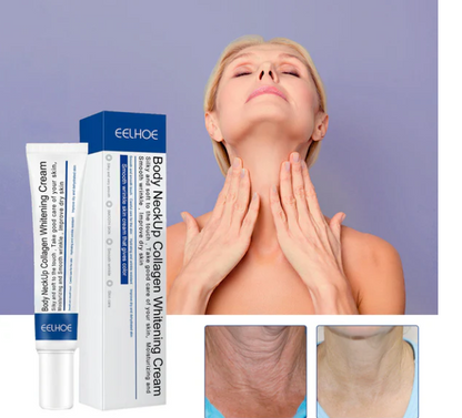 Eelhoe Body NeckUp Collagen Whitening Cream with packaging and before/after effects on a purple background