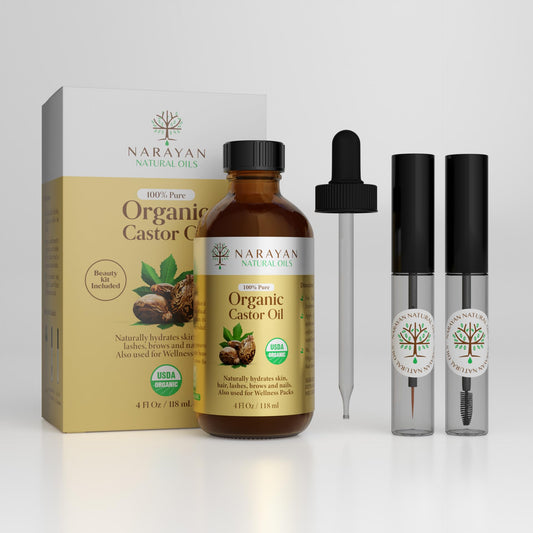 Narayan Organic Castor Oil (4 Fl Oz GLASS BOTTLE) USDA Certified Natural Hexane Free Cold Pressed — For Hair Growth Eyelashes Eyebrows & Skin — Extraordinary for Wellness Packs — Includes Beauty Kit